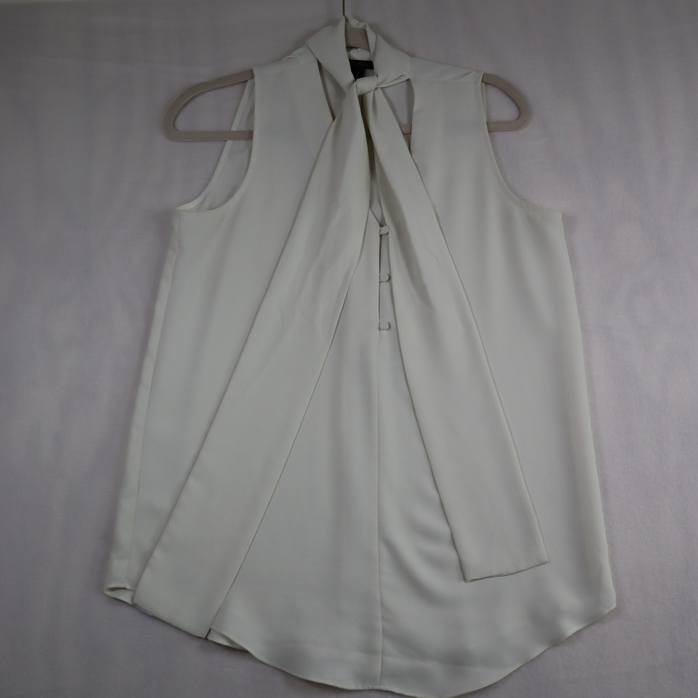Ann Taylor Bow Tie Neck Sleeveless Blouse Women's ST White Minimal Workwear Chic